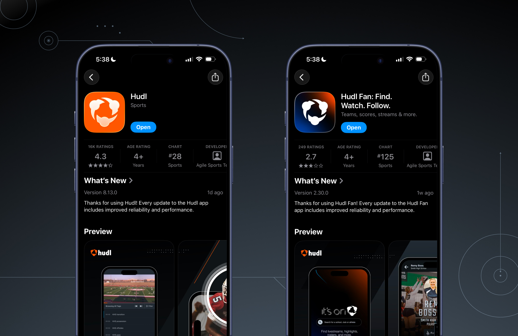 Hudl and Hudl Fan as two separate App Store listings before consolidation